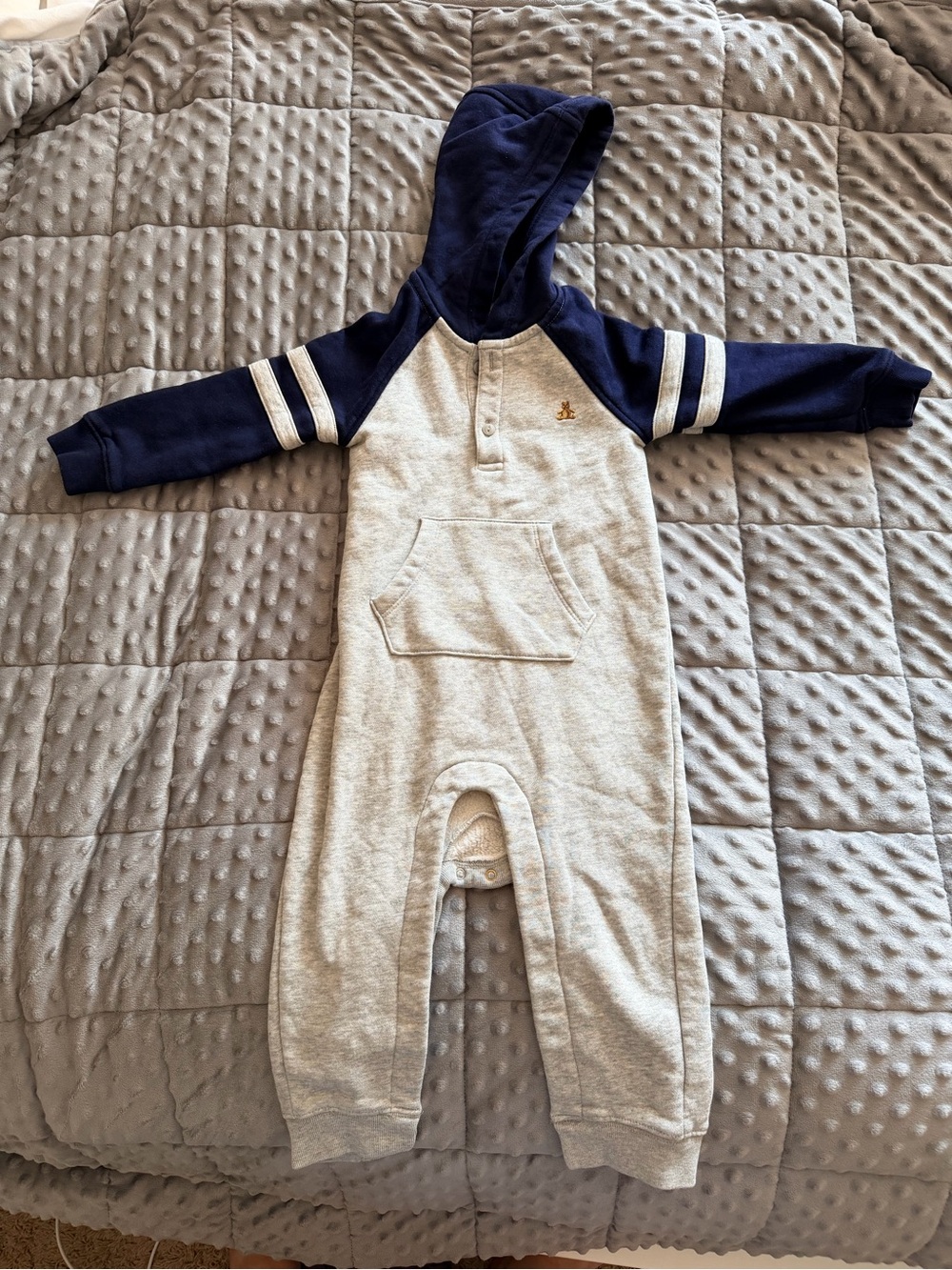 GAP Hooded One-Piece Bodysuit in Heather Gray and Navy